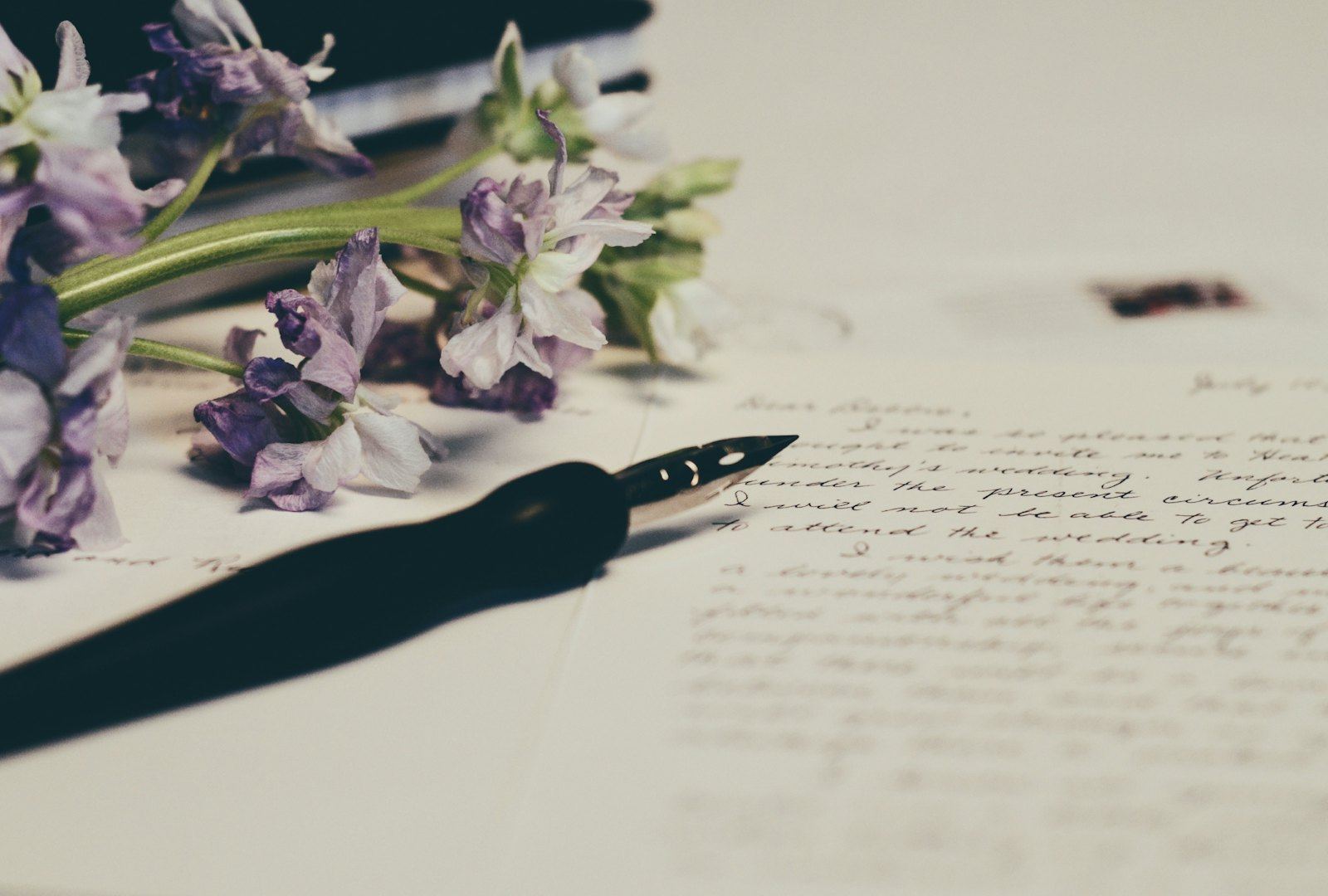 Füller und Blumen auf beschriebenem Papier